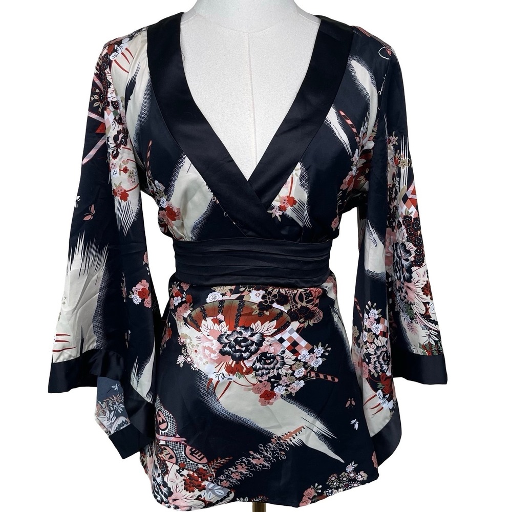 Vintage Forever 21 Kimono Top Womens L Black Floral Satin Bell Flare Sleeve Y2K